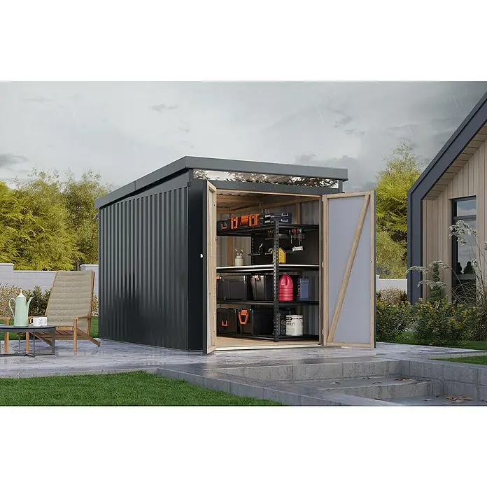 Karibu Gerätehaus Marder 2,5 - Außenmaß inkl. Dachüberstand (B x T): 215 x 298 cm, Stahl, Anthrazit - Geräumiger Geräteschuppen mit offenstehenden Türen, der einen Einblick in das Regalsystem und die darin gelagerten Gegenstände ermöglicht.