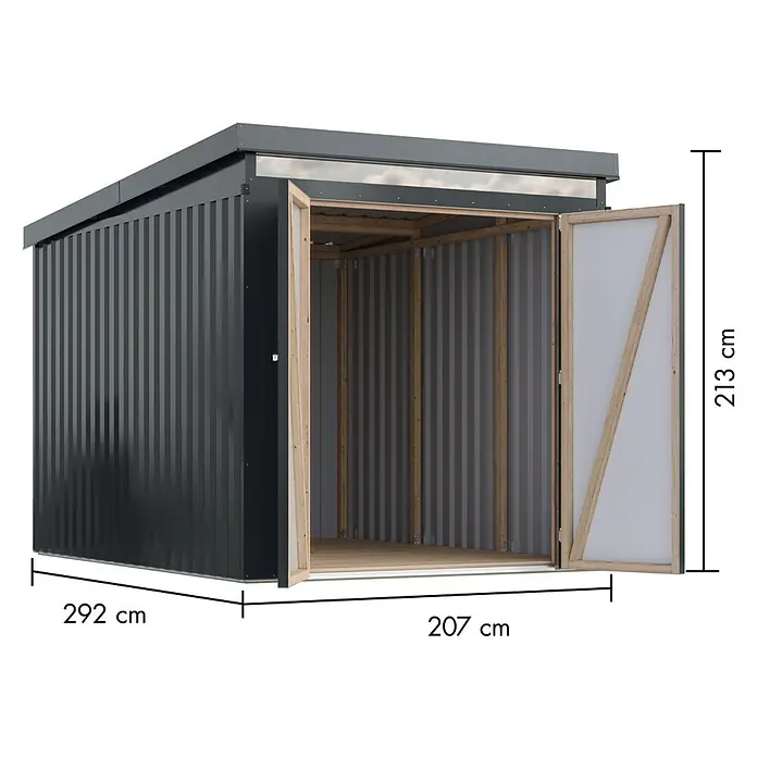 Karibu Gerätehaus Marder 2,5 - Außenmaß inkl. Dachüberstand (B x T): 215 x 298 cm, Stahl, Anthrazit - Ein modernes Gerätehaus mit Schiebetür und den Maßen 292 x 207 x 213 cm. Das Haus bietet Stauraum und ist wetterfest.