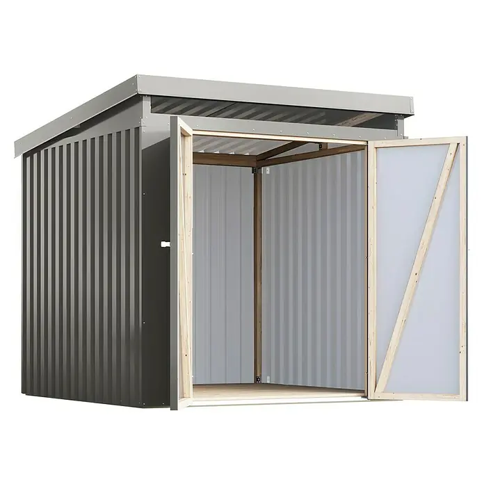 Karibu Gerätehaus Marder 2 - Außenmaß inkl. Dachüberstand (B x T): 215 x 215 cm, Stahl, Graualuminium - Bild eines grauen Metallgartenschuppens mit geöffneter Tür, der einen Blick ins Innere freigibt, ideal für die Gartenaufbewahrung.