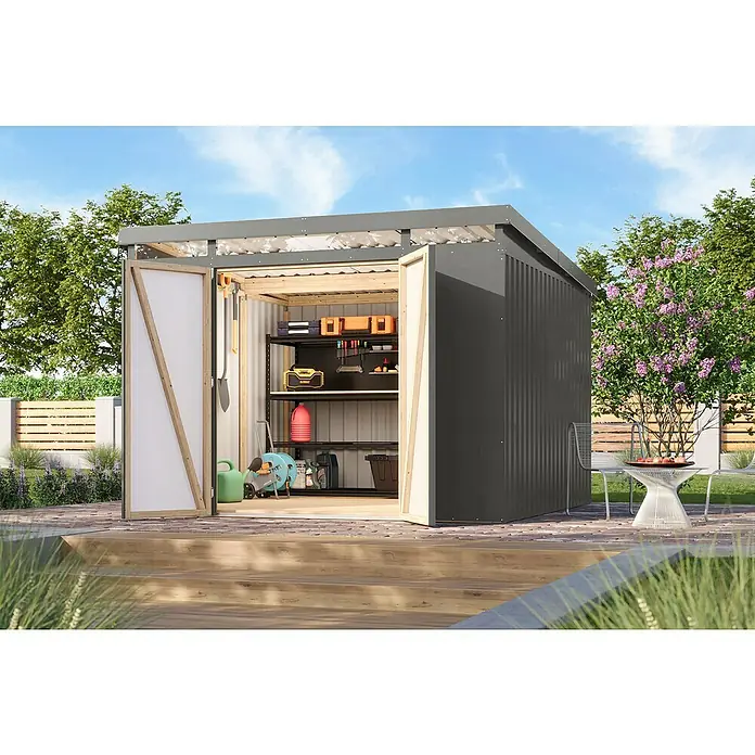 Karibu Gerätehaus Iridium 3,5 - Außenmaß inkl. Dachüberstand (B x T): 298 x 298 cm, Metall, Graualuminium - Ein graues Metallgartenhaus mit geöffneten Türen, das auf einer Terrasse steht und in dem Regale mit Gartengeräten zu sehen sind.