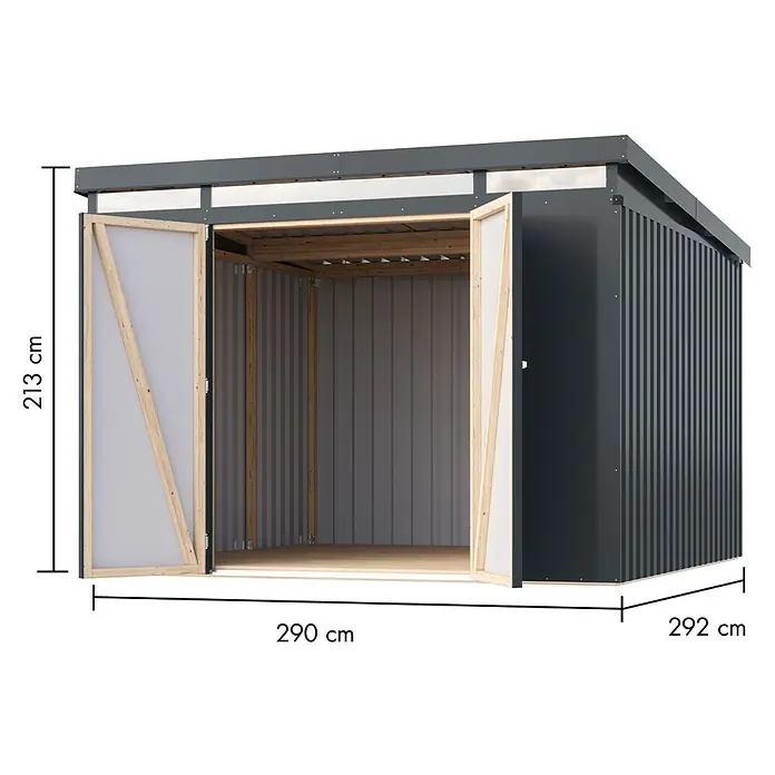 Karibu Gerätehaus Iridium 3,5 - Außenmaß inkl. Dachüberstand (B x T): 298 x 298 cm, Metall, Anthrazit - Bild eines Metall-Gartenschuppens mit offenen Türen und Größenangaben.