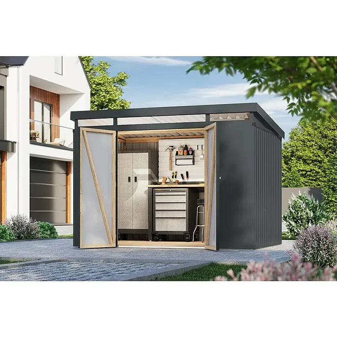 Karibu Gerätehaus Iridium 3 - Außenmaß inkl. Dachüberstand (B x T): 298 x 215 cm, Metall, Anthrazit - Geräumiger, grauer Gartenschuppen mit geöffneten Türen, der Werkzeuge und eine Werkbank im Inneren zeigt. Ideal für die Gartenarbeit!