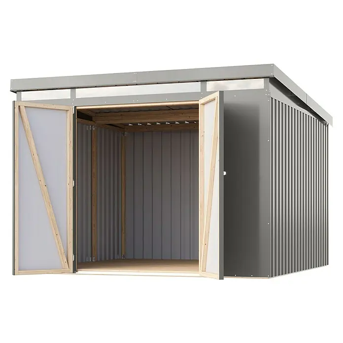 Karibu Gerätehaus Iridium 3,5 - Außenmaß inkl. Dachüberstand (B x T): 298 x 298 cm, Metall, Graualuminium - Abbildung eines grauen Metallschuppens mit geöffneten Türen, der einen Blick in den Innenraum freigibt.\n