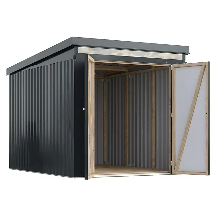 Karibu Gerätehaus Marder 2,5 - Außenmaß inkl. Dachüberstand (B x T): 215 x 298 cm, Stahl, Anthrazit - Metallgerätehaus mit geöffneten Türen. Das Gerätehaus ist in dunklen Farben gehalten und hat ein modernes Design. Praktisch für den Garten.