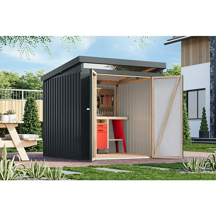 Karibu Gerätehaus Marder 2 - Außenmaß inkl. Dachüberstand (B x T): 215 x 215 cm, Stahl, Anthrazit - Geräumiger Gartenschuppen in Anthrazit mit Werkbank und offen stehenden Türen, ideal für die Aufbewahrung von Gartengeräten und Werkzeugen.