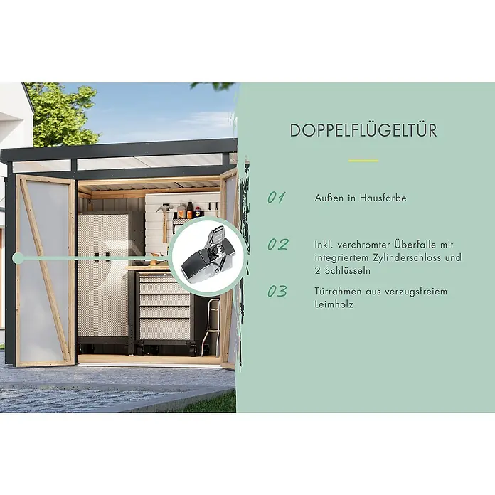 Karibu Gerätehaus Marder 2 - Außenmaß inkl. Dachüberstand (B x T): 215 x 215 cm, Stahl, Anthrazit - Doppelflügeltür mit verchromtem Überfalle, integriertem Zylinderschloss und zwei Schlüsseln. Türrahmen aus verzugsfreiem Leimholz.