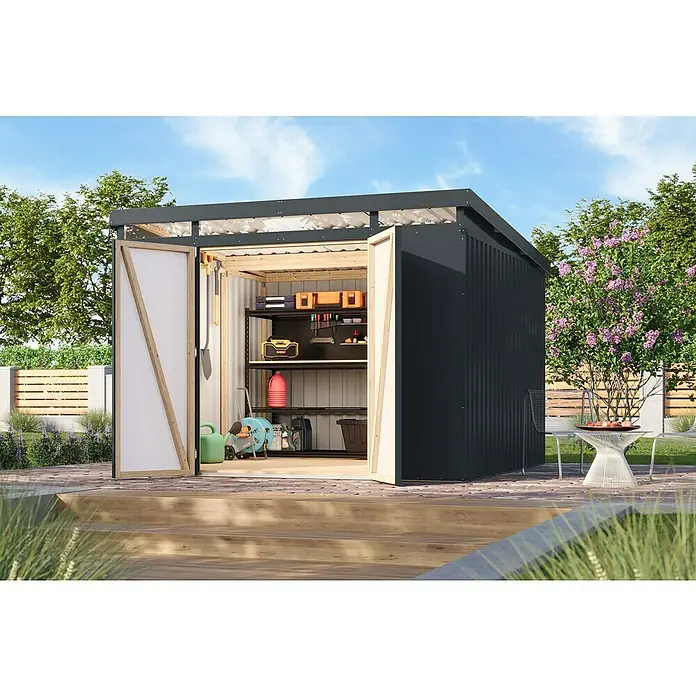 Karibu Gerätehaus Iridium 3,5 - Außenmaß inkl. Dachüberstand (B x T): 298 x 298 cm, Metall, Anthrazit - Geräumiger Geräteschuppen mit Regalen und geöffneten Türen auf einer Holzterrasse im Garten.