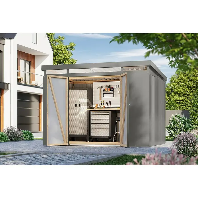 Karibu Gerätehaus Iridium 3 - Außenmaß inkl. Dachüberstand (B x T): 298 x 215 cm, Metall, Graualuminium - Geräumiger Geräteschuppen mit geöffneten Türen, Werkbank und Werkzeugwand für organisierte Aufbewahrung im Garten.