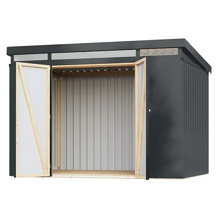 Karibu Gerätehaus Iridium 3 - Außenmaß inkl. Dachüberstand (B x T): 298 x 215 cm, Metall, Anthrazit - Ein geräumiges Metallgartenhaus mit weit geöffneten Doppeltüren, ideal für die Lagerung von Gartengeräten und Werkzeugen.
