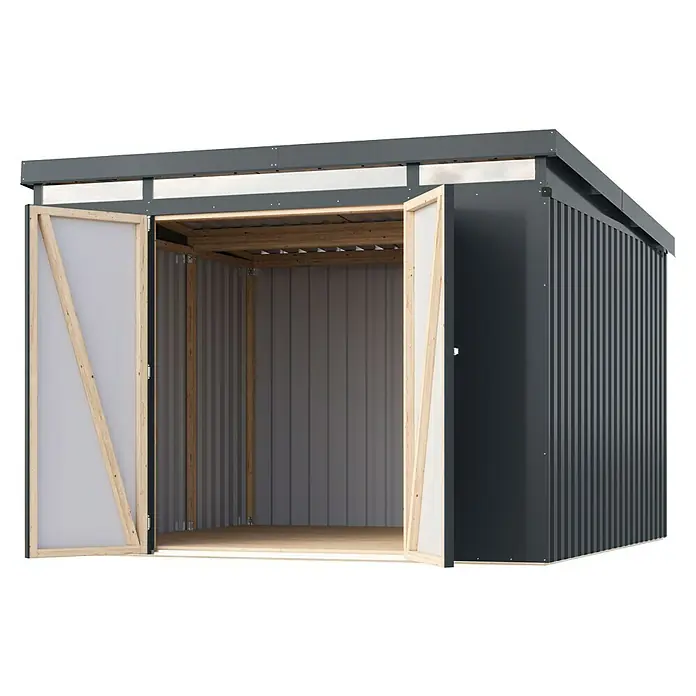 Karibu Gerätehaus Iridium 3,5 - Außenmaß inkl. Dachüberstand (B x T): 298 x 298 cm, Metall, Anthrazit - Das Bild zeigt ein offenes, modernes Metallgartenhaus mit Doppeltüren, ideal für die Lagerung von Gartengeräten und Werkzeugen.