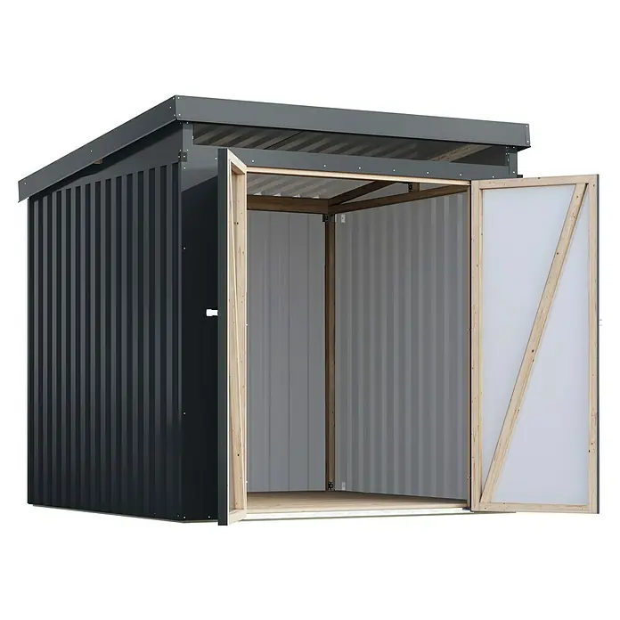 Karibu Gerätehaus Marder 2 - Außenmaß inkl. Dachüberstand (B x T): 215 x 215 cm, Stahl, Anthrazit - Geräumiger Geräteschuppen mit offenstehender Tür. Der Schuppen bietet viel Platz für Gartengeräte und andere Utensilien.