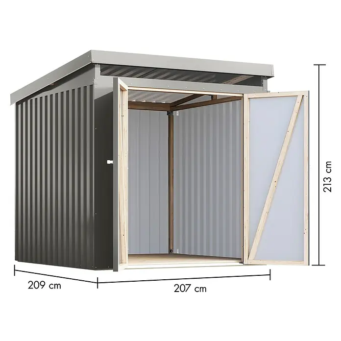 Karibu Gerätehaus Marder 2 - Außenmaß inkl. Dachüberstand (B x T): 215 x 215 cm, Stahl, Graualuminium - Bild eines Gartenschuppens mit offenen Türen und Maßangaben. Das Schuppen besteht aus Metall und Holz.