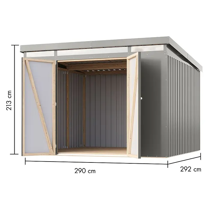 Karibu Gerätehaus Iridium 3,5 - Außenmaß inkl. Dachüberstand (B x T): 298 x 298 cm, Metall, Graualuminium - Abbildung eines modernen Metall-Gartenschuppens in Grau mit offenen Türen und Maßangaben.
