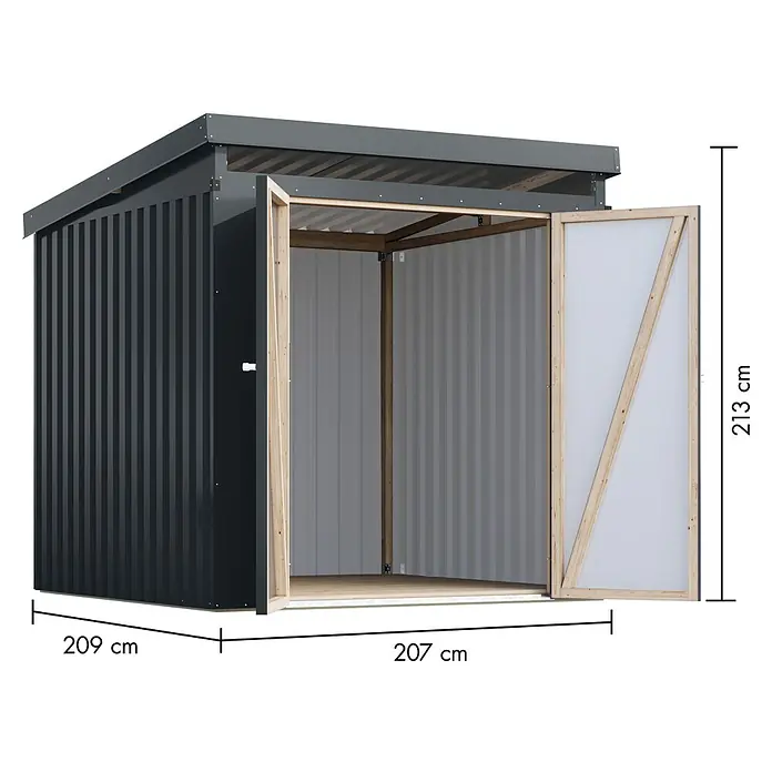 Karibu Gerätehaus Marder 2 - Außenmaß inkl. Dachüberstand (B x T): 215 x 215 cm, Stahl, Anthrazit - Geräumiger Geräteschuppen mit offenstehenden Türen und Maßangaben für Höhe, Breite und Tiefe.
