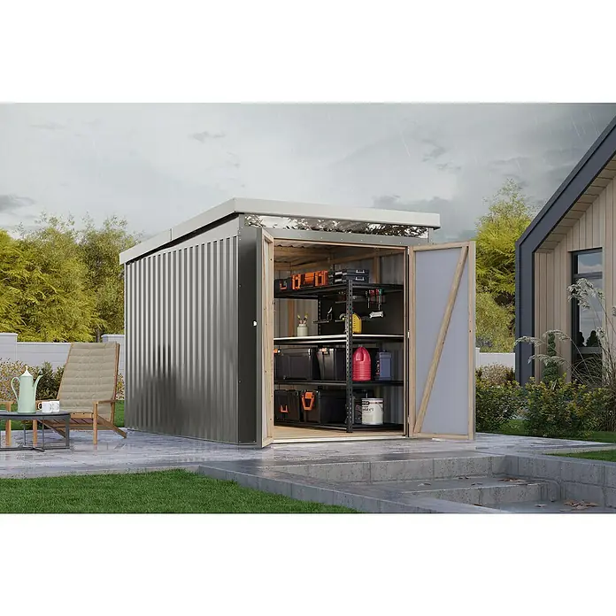 Karibu Gerätehaus Marder 2,5 - Außenmaß inkl. Dachüberstand (B x T): 215 x 298 cm, Stahl, Graualuminium - Metall-Gartenschuppen mit Regalen, offen für die Lagerung von Werkzeugen und Gartenbedarf im Außenbereich bei regnerischem Wetter.