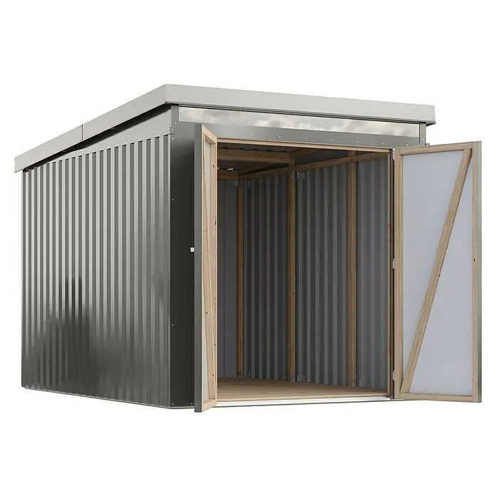 Karibu Gerätehaus Marder 2,5 - Außenmaß inkl. Dachüberstand (B x T): 215 x 298 cm, Stahl, Graualuminium - Ein grauer Geräteschuppen mit geöffneter Tür zeigt das Innere des Schuppens. Optimal zur Lagerung von Gartengeräten und Werkzeugen.