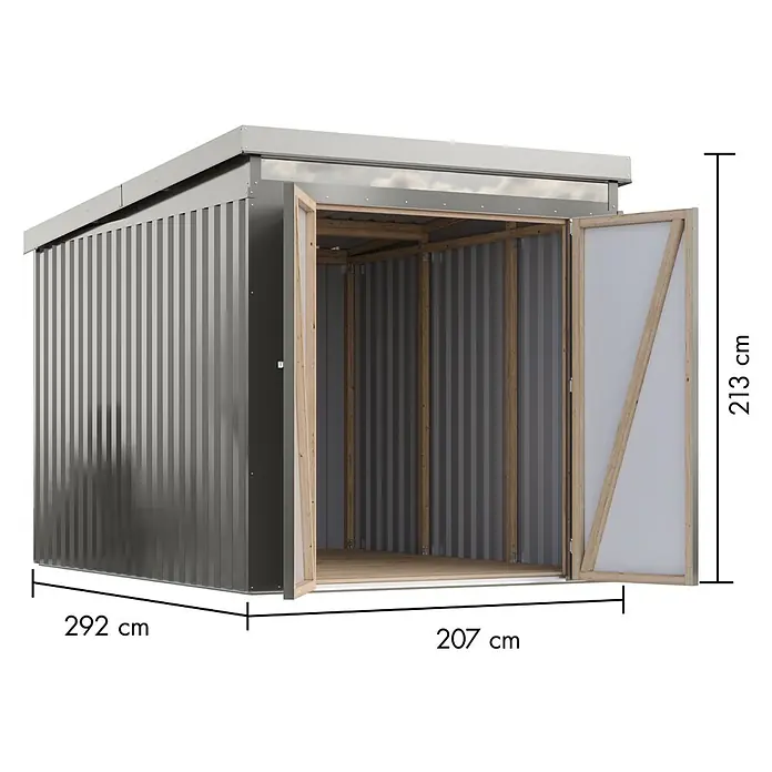 Karibu Gerätehaus Marder 2,5 - Außenmaß inkl. Dachüberstand (B x T): 215 x 298 cm, Stahl, Graualuminium - Bild eines Metallgartenschuppens mit offenen Türen und sichtbaren Abmessungen.