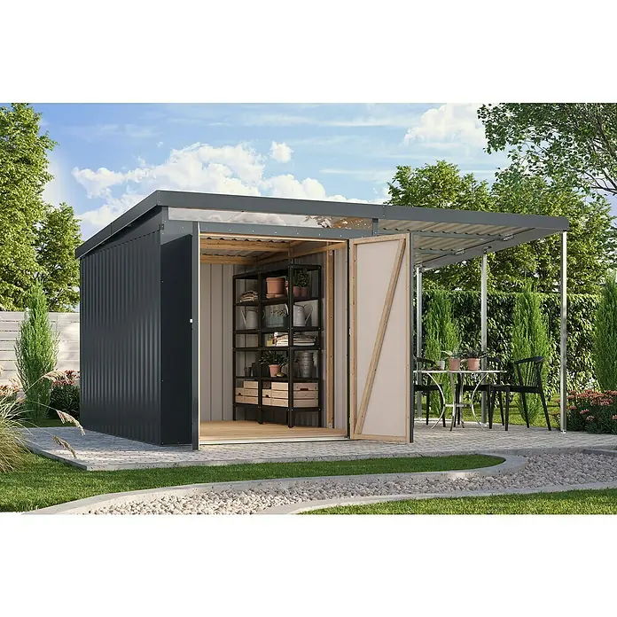 Karibu Gerätehaus Marder 2,5 - Außenmaß inkl. Dachüberstand (B x T): 420 x 298 cm, Stahl, Anthrazit - Abbildung eines geräumigen Gartenschuppens mit offenstehenden Türen, Regalen und überdachtem Sitzbereich.