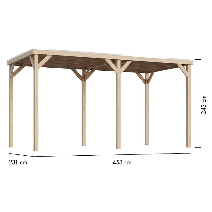 Karibu Gartenpavillon Cubeco - 453 x 231 cm, Holz, Natur - Darstellung eines Holzcarports mit den Maßen 231 cm x 453 cm in der Länge und einer Höhe von 243 cm.
