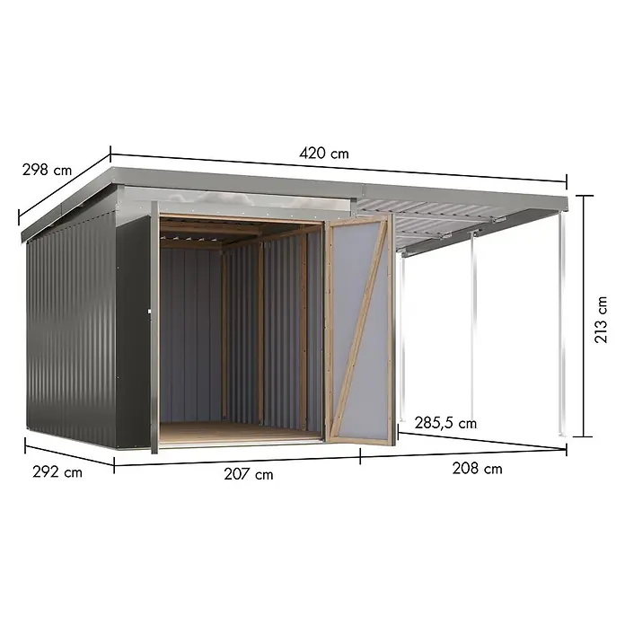 Karibu Gerätehaus Marder 2,5 - Außenmaß inkl. Dachüberstand (B x T): 420 x 298 cm, Stahl, Graualuminium - Abbildung eines Gerätehauses mit Maßangaben zu Länge, Breite und Höhe. Die Grafik zeigt die genauen Abmessungen des Metallhauses.