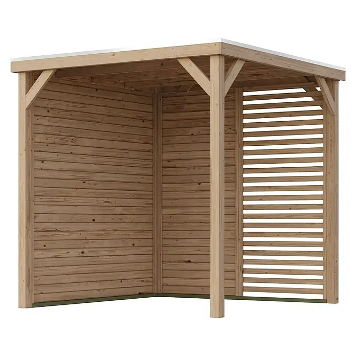 Karibu Gartenpavillon Toscana - 242 x 242 cm, Holz, Naturbelassen, Mit geschlossener Seitenwand, halben Lamellenwand & geschlossene Seitenwand - Ansicht eines Holzpavillons mit einem offenen Design und horizontalen Holzpaneelen, die Schatten spenden. Die Konstruktion ist robust und natürlich.