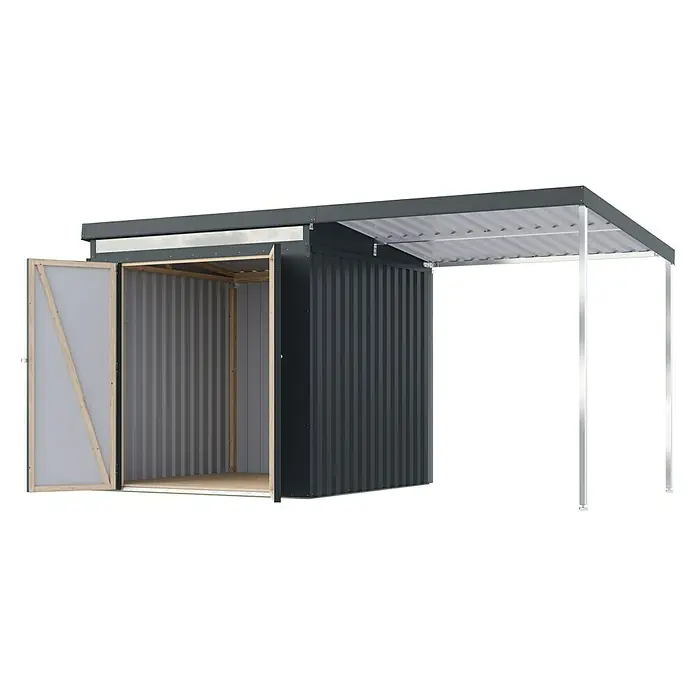 Karibu Gerätehaus Marder 2 - Außenmaß inkl. Dachüberstand (B x T): 420 x 215 cm, Stahl, Anthrazit - Geräumiger Geräteschuppen mit geöffneter Tür und integriertem Unterstand für zusätzlichen Stauraum. Ideal für Garten und Hof.