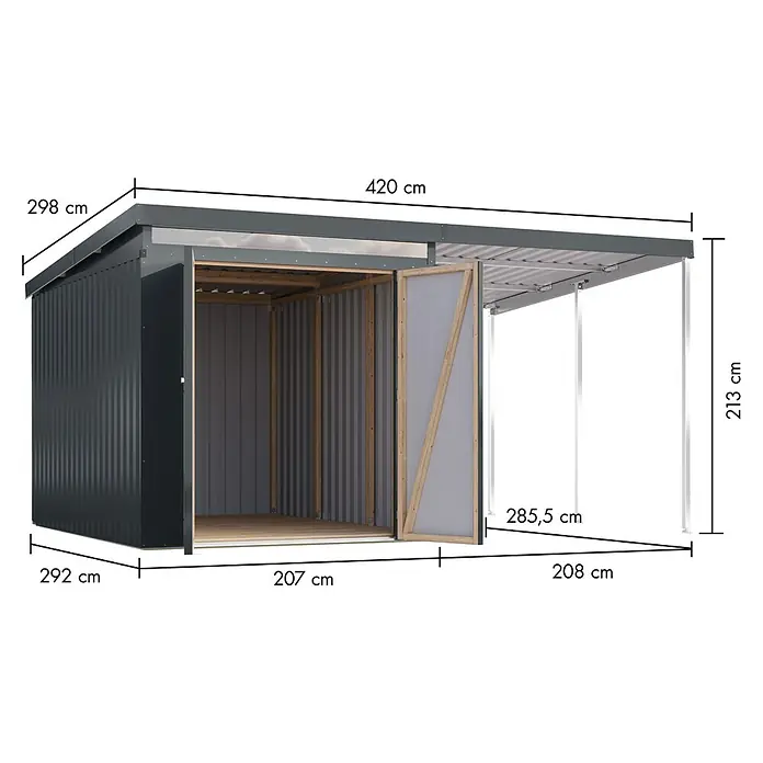 Karibu Gerätehaus Marder 2,5 - Außenmaß inkl. Dachüberstand (B x T): 420 x 298 cm, Stahl, Anthrazit - Ansicht eines Gerätehauses mit Vordach und Größenangaben. Praktische Aufbewahrungslösung für den Außenbereich mit detaillierten Maßangaben.
