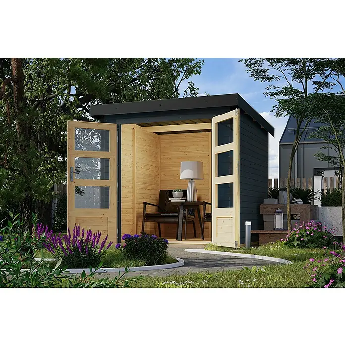 Karibu Gerätehaus Locknell Express - Außenmaß inkl. Dachüberstand (B x T): 228,5 x 235 cm, Holz, Anthrazit - Ein modernes Gartenhaus mit Doppeltür aus Holz. Der Innenraum ist mit Holz verkleidet und mit einem Tisch und einer Lampe ausgestattet.