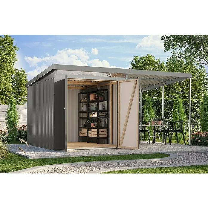 Karibu Gerätehaus Marder 2,5 - Außenmaß inkl. Dachüberstand (B x T): 420 x 298 cm, Stahl, Graualuminium - Moderne graue Gerätehaus-Gartenlaube mit offenstehenden Türen, die Einblick auf ein Regal mit Gartenutensilien bietet und mit Sitzgelegenheit.