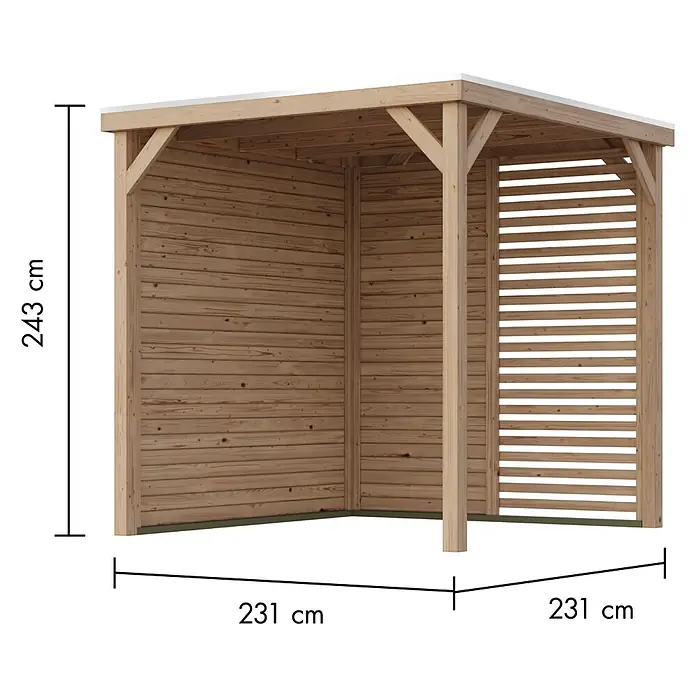 Karibu Gartenpavillon Toscana - 242 x 242 cm, Holz, Naturbelassen, Mit geschlossener Seitenwand, halben Lamellenwand & geschlossene Seitenwand - Abbildung eines hölzernen Gartenpavillons mit den Maßen 231 x 231 x 243 cm. Ideal für den Außenbereich.