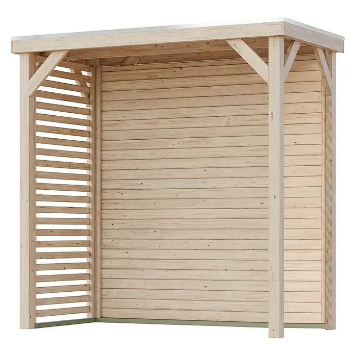 Karibu Gartenpavillon Toscana - 242 x 135,5 cm, Holz, Naturbelassen, Mit Rückwand & Lamellen-Seitenwand - Holzkonstruktion mit einer Wand aus horizontalen Brettern und einer Gitterwand, die einen offenen, luftigen Raum schafft.