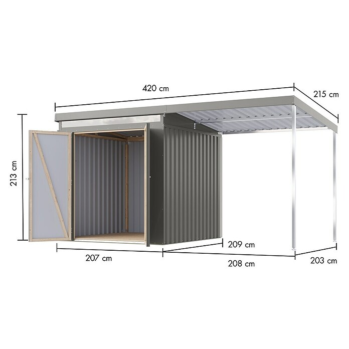 Karibu Gerätehaus Marder 2 (Außenmaß inkl. Dachüberstand (B x T): 420 x 215 cm, Stahl, Graualuminium) | BAUHAUS
