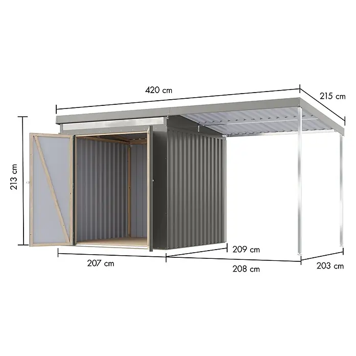 Karibu Gerätehaus Marder 2 - Außenmaß inkl. Dachüberstand (B x T): 420 x 215 cm, Stahl, Graualuminium - Abbildung eines modernen Gerätehauses mit Carport und detaillierten Maßangaben für Planung und Bau.