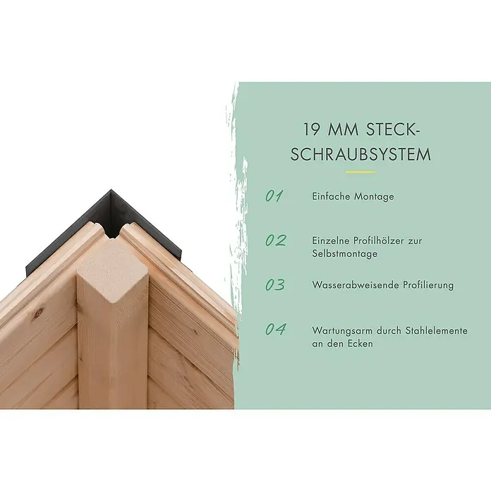 Karibu Gerätehaus Locknell Express - Außenmaß inkl. Dachüberstand (B x T): 228,5 x 235 cm, Holz, Anthrazit - Eckdetail eines Holzhauses mit Infos zum 19 mm Steck-Schraubsystem, das einfache Montage, Selbstmontage, Wasserabweisung und Stahl bietet.