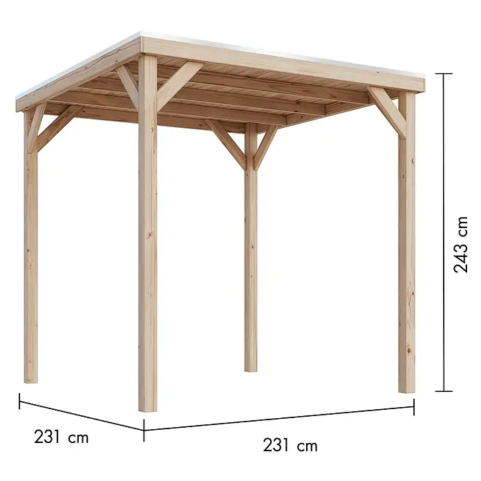Karibu Gartenpavillon Cubeco - 231 x 231 cm, Holz, Natur - Ansicht einer hölzernen Pavillonstruktur mit Größenangaben für Höhe und Breite.