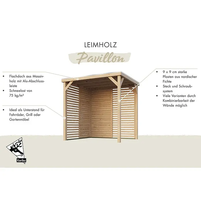 Karibu Gartenpavillon Toscana - 464 x 242 cm, Holz, Naturbelassen, Mit Lamellen-Seitenwand & Rückwand - Abbildung eines Leimholz Pavillons mit Flachdach, ideal als Unterstand für Fahrräder, Grill oder Gartenmöbel mit 9x9 cm starken Pfosten.