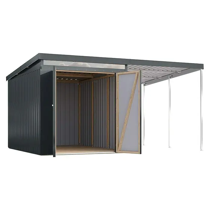 Karibu Gerätehaus Marder 2,5 - Außenmaß inkl. Dachüberstand (B x T): 420 x 298 cm, Stahl, Anthrazit - Eine offene Metall-Gerätehütte mit einem Pultdach und einer geöffneten Tür, die einen Blick ins Innere gewährt.
