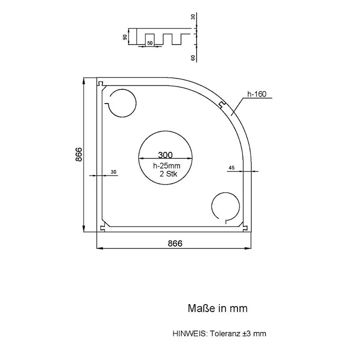 Aedler Duschwannenträger - L x B: 90 x 90 cm, Expandiertes Polystyrol, Weiß, Gebogen - Technische Zeichnung eines Produkts mit Maßen in Millimetern, Toleranz ±3 mm.