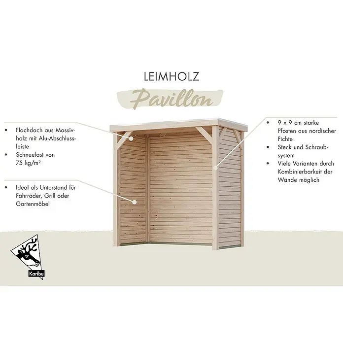 Karibu Gartenpavillon Toscana - 242 x 135,5 cm, Holz, Naturbelassen, Mit Rückwand & Lamellen-Seitenwand - Bild eines Leimholz Pavillons mit Flachdach, ideal als Unterstand für Fahrräder, Grill oder Gartenmöbel.