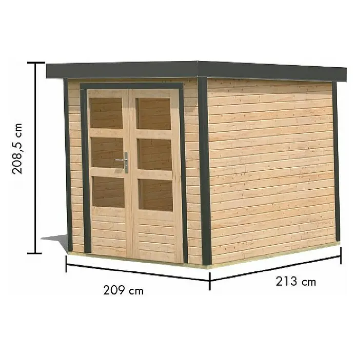 Karibu Gerätehaus Locknell Express - Außenmaß inkl. Dachüberstand (B x T): 228,5 x 235 cm, Holz, Naturbelassen/Anthrazit - Abgebildetes Holzgartenhaus mit den Maßen 208,5 cm Höhe, 209 cm Breite und 213 cm Tiefe.