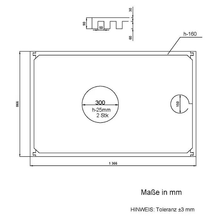 Aedler Duschwannenträger - L x B: 140 x 90 cm, Expandiertes Polystyrol, Weiß, Rechteckig - Technische Zeichnung einer rechteckigen Abdeckung mit kreisförmigen Ausschnitten und seitlichen Profilen mit Maßen und Toleranzen.