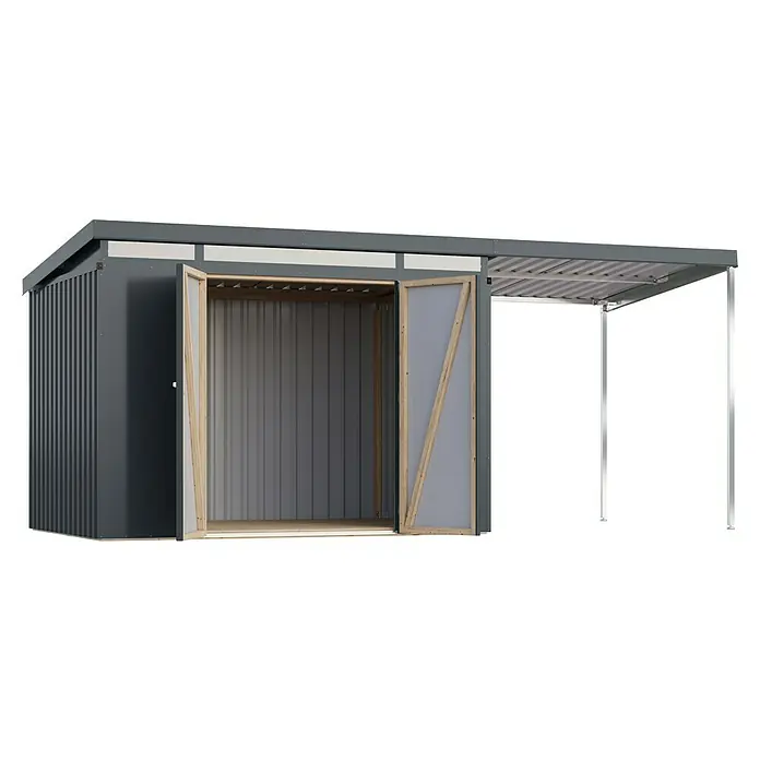 Karibu Gerätehaus Iridium 3 mit Anbaudach - Außenmaß inkl. Dachüberstand (B x T): 502,5 x 215 cm, Metall, Anthrazit - Geräumiger Geräteschuppen mit offenstehenden Türen und Vordach, ideal für die Gartenarbeit. Robust und langlebig.