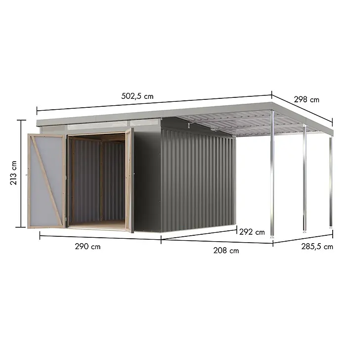 Karibu Gerätehaus Iridium 3,5 mit Anbaudach - Außenmaß inkl. Dachüberstand (B x T): 502,5 x 298 cm, Metall, Graualuminium - Bild eines Gartenschuppens mit Überdachung und geöffneten Türen, versehen mit Maßangaben.