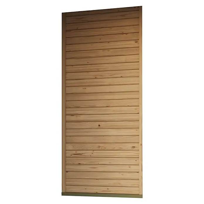 Karibu Gartenpavillon Toscana - 242 x 242 cm, Holz, Naturbelassen, Mit geschlossener Seitenwand, halben Lamellenwand & geschlossene Seitenwand - Dieses Bild zeigt eine Holztür mit horizontalen Brettern und einem Rahmen. Die Tür ist aus hellem Holz gefertigt und hat eine rustikale Optik.