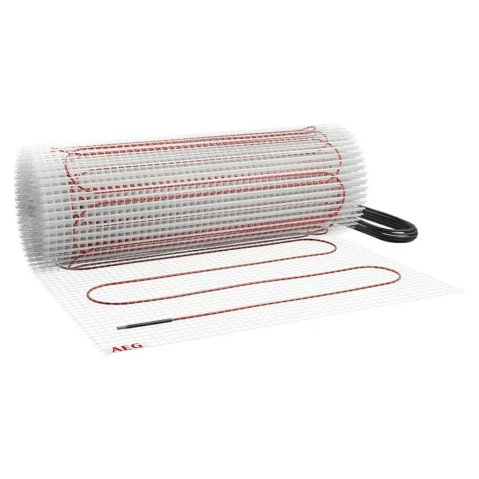 AEG Fußbodenheizung TBS TB 160/8 - 16.000 x 500 mm, Beheizbare Fläche: 8 m², 160 W - Nahaufnahme einer AEG-Fußbodenheizungsmatte, teilweise aufgerollt, mit roten Heizelementen und einem schwarzen Kabel.
