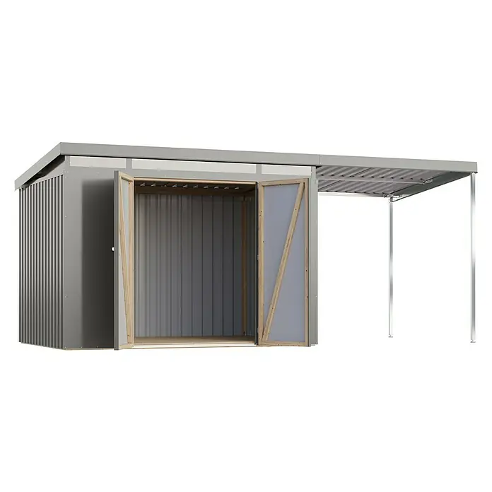 Karibu Gerätehaus Iridium 3 mit Anbaudach - Außenmaß inkl. Dachüberstand (B x T): 502,5 x 215 cm, Metall, Graualuminium - Bild eines grauen Metallschuppens mit geöffneten Holztüren und einem Baldachin.