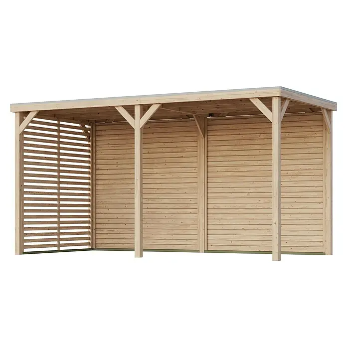 Karibu Gartenpavillon Toscana - 464 x 242 cm, Holz, Naturbelassen, Mit Lamellen-Seitenwand & Rückwand - Ein geräumiger Holzschuppen mit offenen und geschlossenen Seiten, ideal für die Lagerung im Außenbereich.