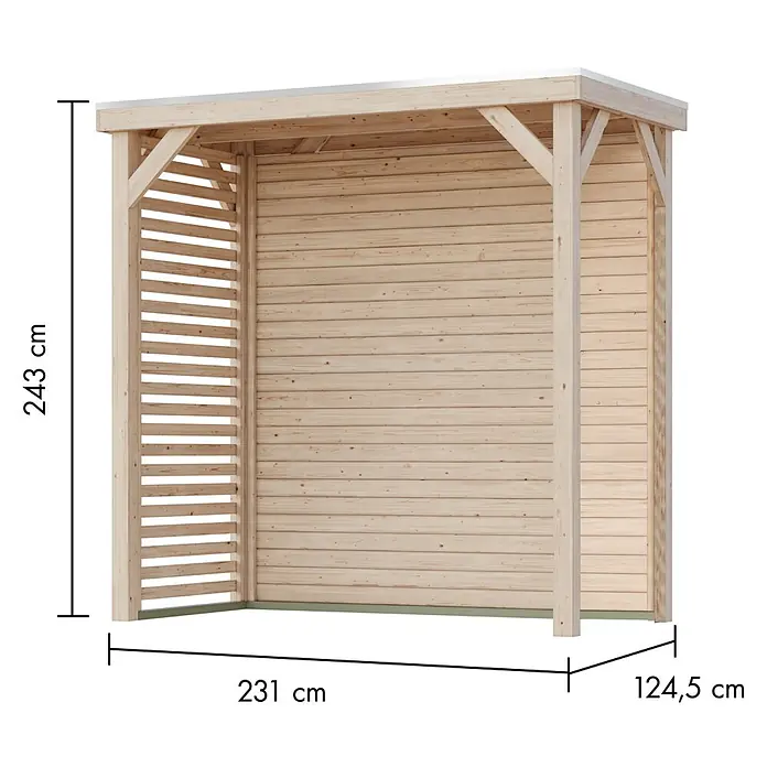 Karibu Gartenpavillon Toscana - 242 x 135,5 cm, Holz, Naturbelassen, Mit Rückwand & Lamellen-Seitenwand - Abbildung eines Holzschuppens mit den Maßen 243 cm Höhe, 231 cm Länge und 124,5 cm Breite.