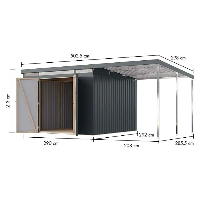 Karibu Gerätehaus Iridium 3,5 mit Anbaudach - Außenmaß inkl. Dachüberstand (B x T): 502,5 x 298 cm, Metall, Anthrazit - Bild eines grauen Gerätehauses mit den Maßen 502,5 cm Länge, 213 cm Höhe und 298 cm Tiefe, ideal für die Gartenaufbewahrung.