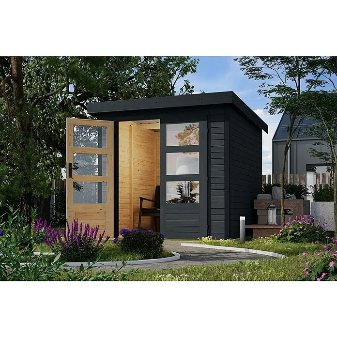 Karibu Gerätehaus Locknell Express - Außenmaß inkl. Dachüberstand (B x T): 228,5 x 235 cm, Holz, Anthrazit - Modernes Gartenhaus mit offen stehenden Holztüren, umgeben von üppigem Grün und Blumen. Das Gartenhaus bietet Platz für Entspannung im Freien.